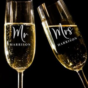 Elegant Mr & Mrs Wedding Champagne Flutes - Engraved Toast Glasses for Couples
